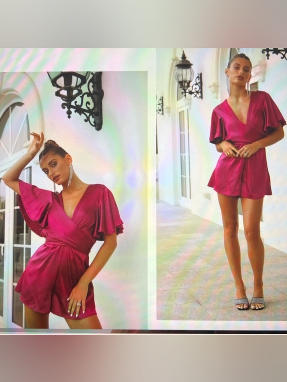 Boutique Fuschia Satin Wrap Front Open Back Romper Small By Here Comes The Sun